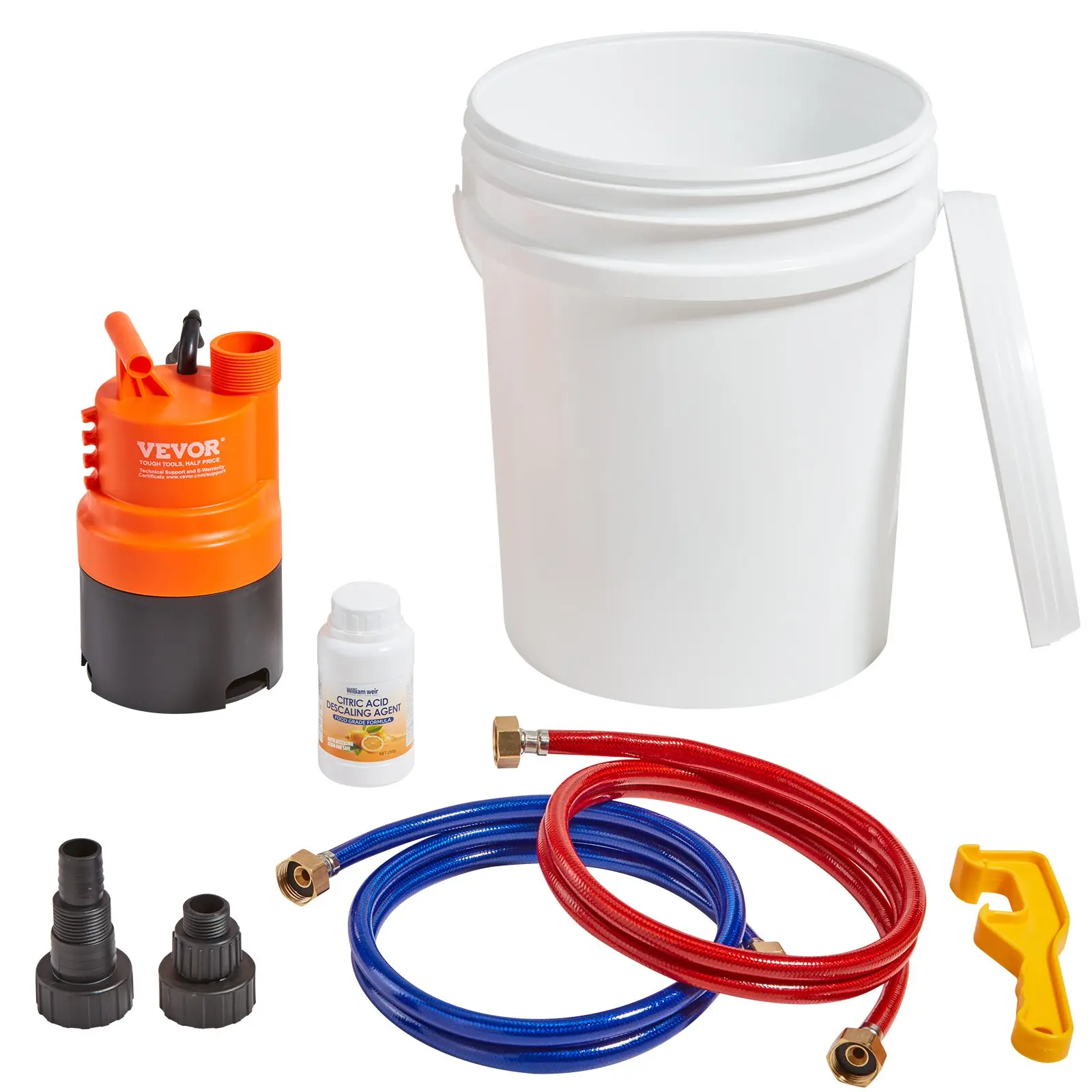 【Summerfinds】VEVOR Tankless Water Heater Flushing Kit, Includes Efficient Pump & 5 Gallon Pail & 2 Hoses & Descaling Powder, Wrench and Adapter for Quick Install Easy to Start, Water Heater Flush Kit