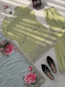 3 PC Designer Faux Georgette Sharara Set with Thread & Sequence Work Dupatta