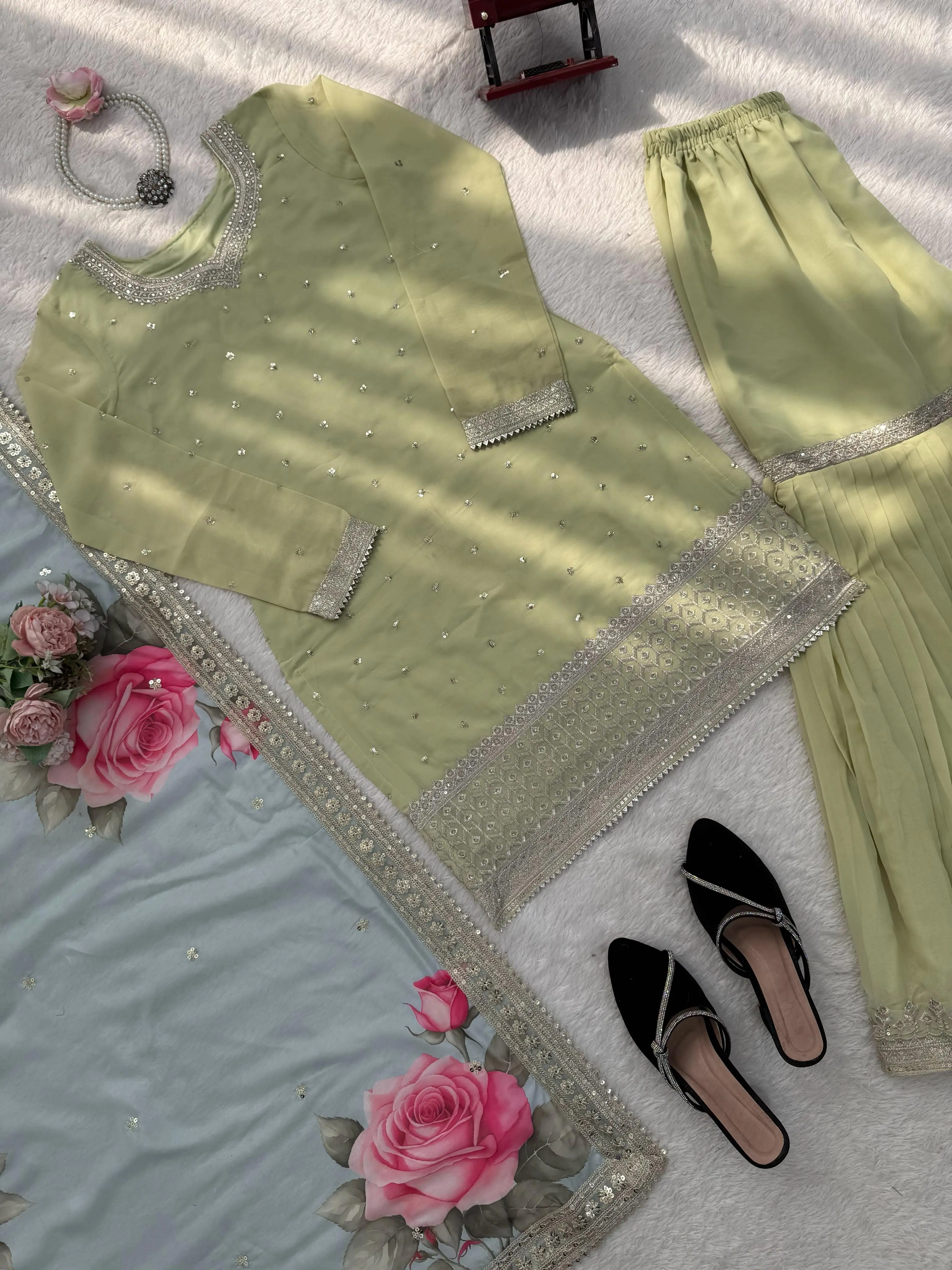 3 PC Designer Faux Georgette Sharara Set with Thread & Sequence Work Dupatta