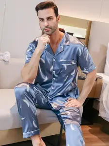 Men's Ice Silk Sleepwear Set Short Sleeve Long Pants Printed Home Clothing Summer, Comfortable and Breathable Nightwear