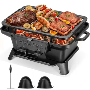 VIVOHOME Cast Iron Charcoal Grill with Double-Sided Grate or Interchangeable Grates & Griddle, 2 Furnace Doors for Heat Control, Includes Gloves, Poker and UV-Resistant Cover