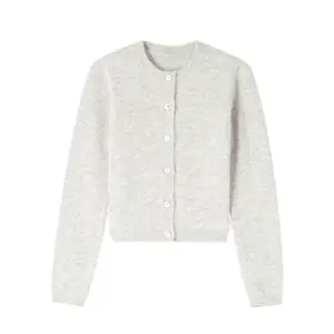 Softline Soul Women's Grey Round Neck Twisted Buckle Long Sleeve Knitted Cardigan Top Lightweight Breathable Everyday Wear Back To School Style Winter Knitwear Ribbed Basic