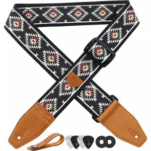 Guitar Strap 2 inch Embroidery Cotton Guitar Straps with Full Grain Leather End, for Bass, Electric and Acoustic Guitars, Free Strap Button, Strap Locks and Guitar Picks