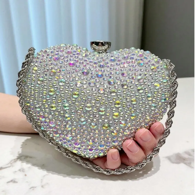 Women's Shiny Heart Rhinestone Clutch Bag, Wedding Evening Party Formal Handbag