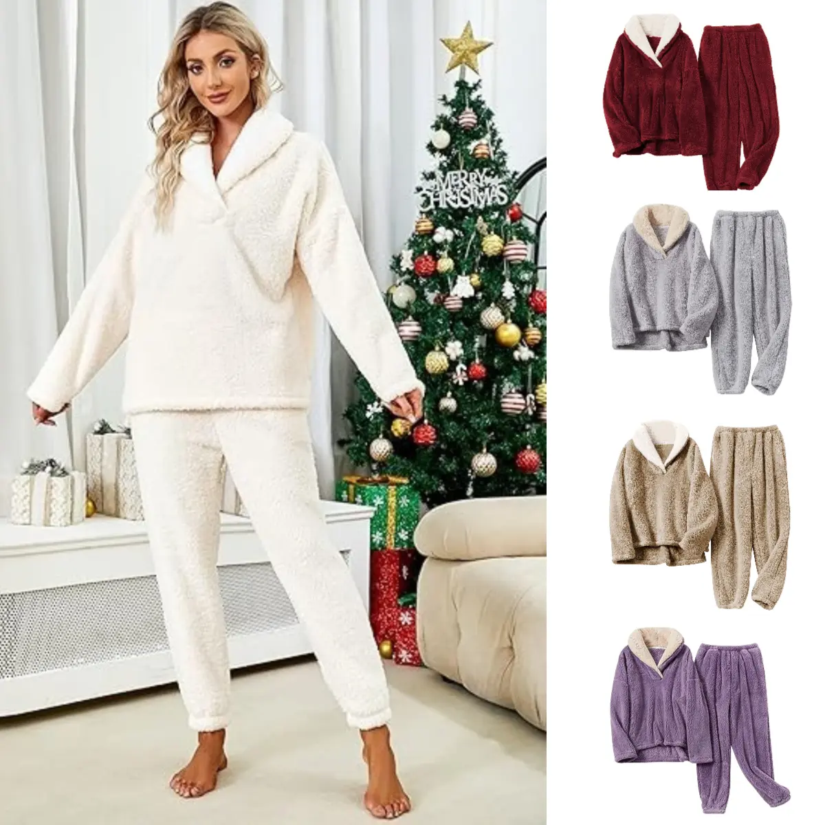 Tanming Women's 2-Piece Fluffy Sherpa Fleece Pajama Set, Long Sleeve Pullover & Trouser Loungewear with Pockets, Warm Basic Sleepwear for Christmas, TikTokShop Black Friday Pick