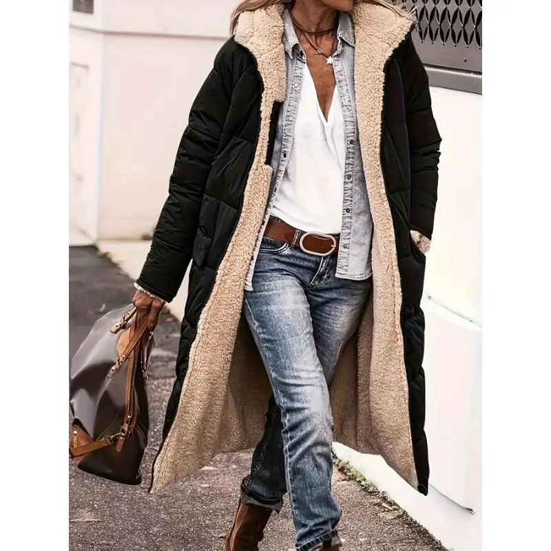 Directional New Winter Down Cotton Women's Double-sided Raglan Sleeve Hooded Coat Outdoor Street Daily Autumn And Winter Long Coat Regular Fit Warm Windproof Contempo5211