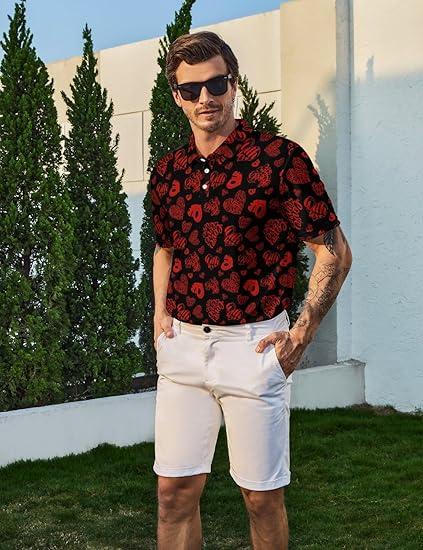 Black Club Polo In Red Heart Love Print Patterns, Mens Red Color Heart Golf Polo Short Sleeve Shirt