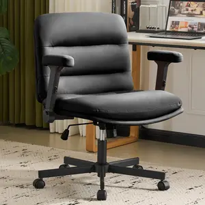 Criss Cross Chair with Flip-up Arms, Ergonomic PU Leather Cross Legged Office Chair, Upholstered Wide Seat Desk Chair for Home Office, Vanity Room, Bedroom