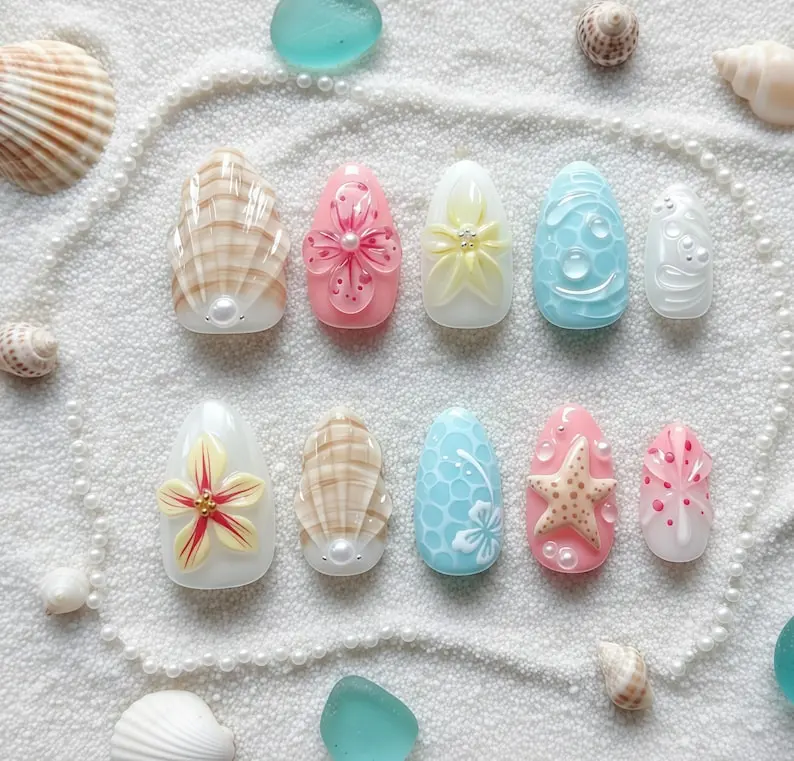 3D Seashell Press On Nails, Starfish Pearl Design, Coastal Nail Art
