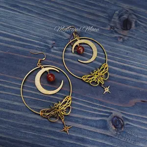 Loop Hoop Large Earrings with Moon & Moth Orange Gemstone - Handmade Jewelry with Celestial Star Design