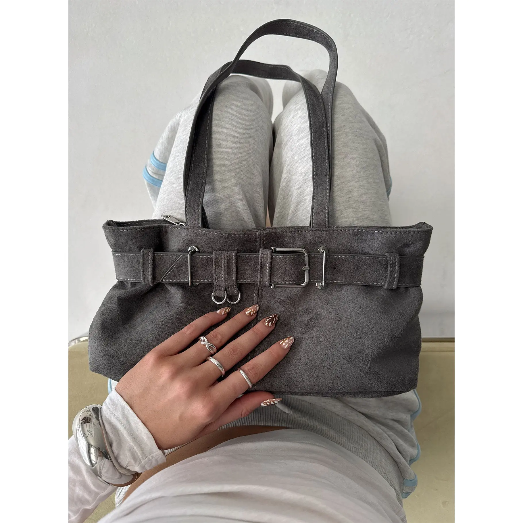 Views Of Capri Faux Suede Buckle Shoulder Bag Charcoal