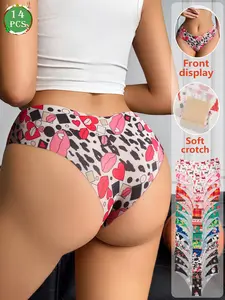 14-piece set of Christmas-themed women's panties featuring Santa Claus and reindeer in various colorful patterns. Slim fit, simple, comfortable, and seamless, suitable for both festive occasions and everyday wear throughout all seasons.