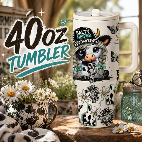 1 Pc 40oz Salty Heifer Cow Design Tumbler, Double Wall Vacuum Thermal Mug, Keeps Hot 12 Hours & Cold 24 Hours, Leak-Proof Large Capacity Travel Cup with Handle, Funny Gift for Women & Men, Christmas, Birthday & Thanksgiving, Insulated Cups