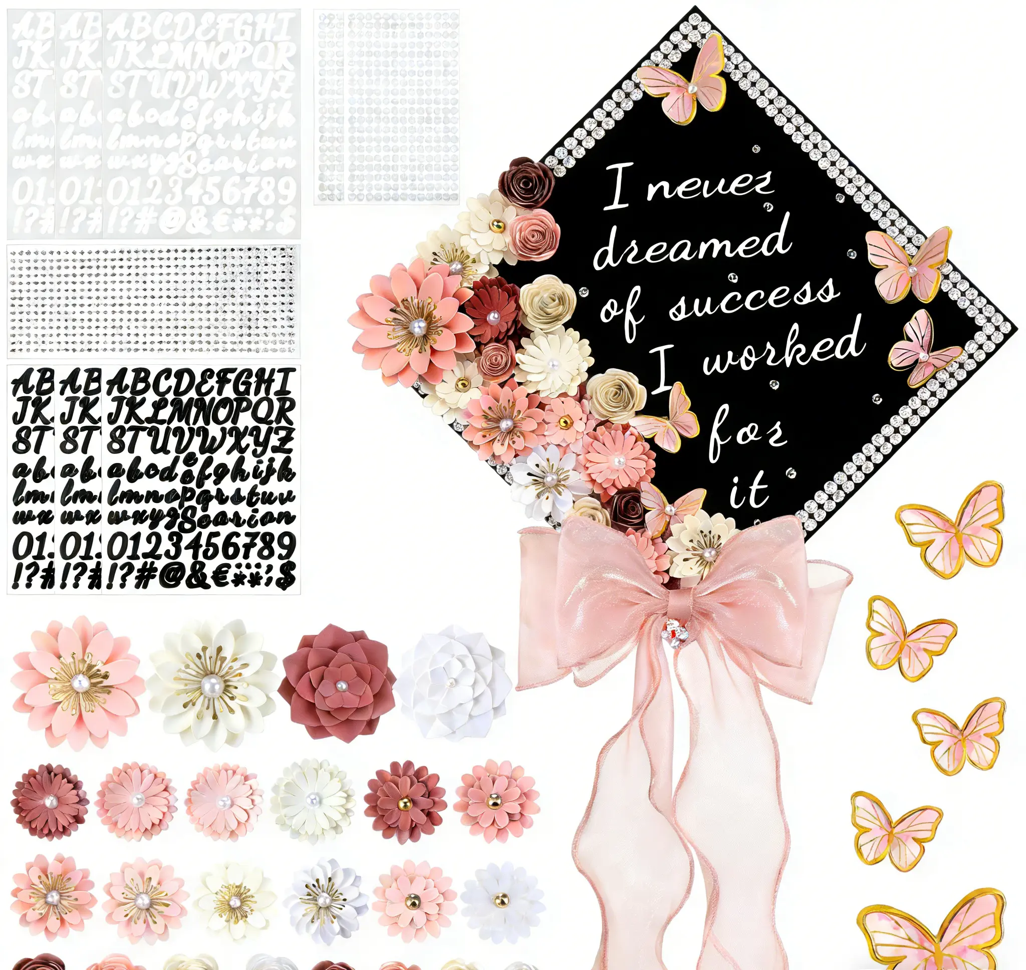 46PCS Graduation Cap Topper Decor Kit for DIY Graduation Cap (not included), Graduation Gifts for Class of 2026 Graduates Girls, Including Paper Flowers & 3D Butterfly Stickers & Rhinestone & Letter & Pearl Stickers & Mesh Ribbon Bow