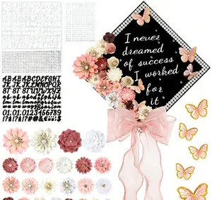 46PCS Graduation Cap Topper Decor Kit for DIY Graduation Cap (not included), Graduation Gifts for Class of 2026 Graduates Girls, Including Paper Flowers & 3D Butterfly Stickers & Rhinestone & Letter & Pearl Stickers & Mesh Ribbon Bow