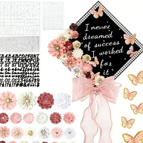 46PCS Graduation Cap Topper Decor Kit for DIY Graduation Cap (not included), Graduation Gifts for Class of 2026 Graduates Girls, Including Paper Flowers & 3D Butterfly Stickers & Rhinestone & Letter & Pearl Stickers & Mesh Ribbon Bow