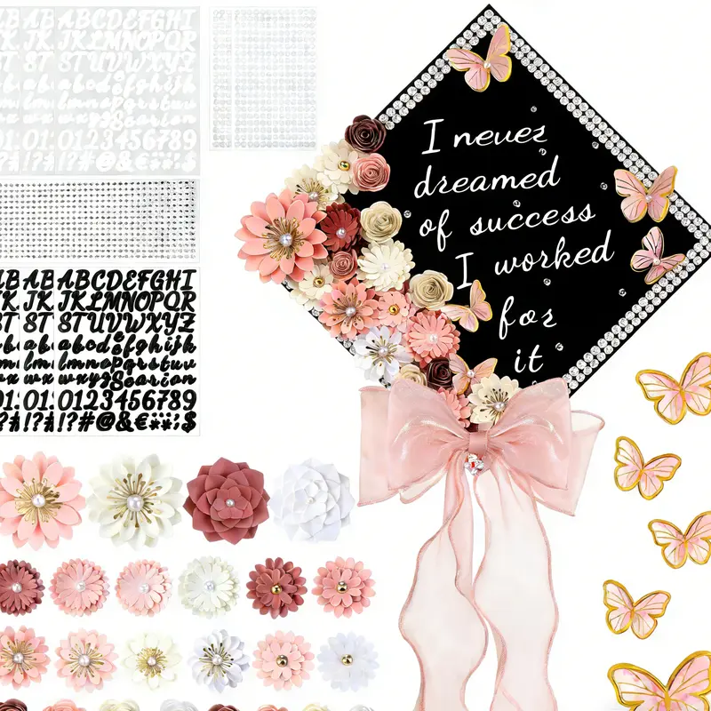 46PCS Graduation Cap Topper Decor Kit for DIY Graduation Cap (not included), Graduation Gifts for Class of 2026 Graduates Girls, Including Paper Flowers & 3D Butterfly Stickers & Rhinestone & Letter & Pearl Stickers & Mesh Ribbon Bow