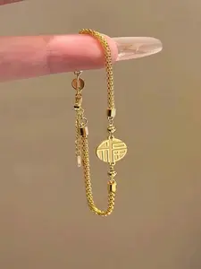 Fashion Creative New Chinese Style Stainless Steel Women's Hand Bracelet, Exquisite Bracelet, Dual-Sided Good Fortune Character, Daily Wear, Holiday Gift