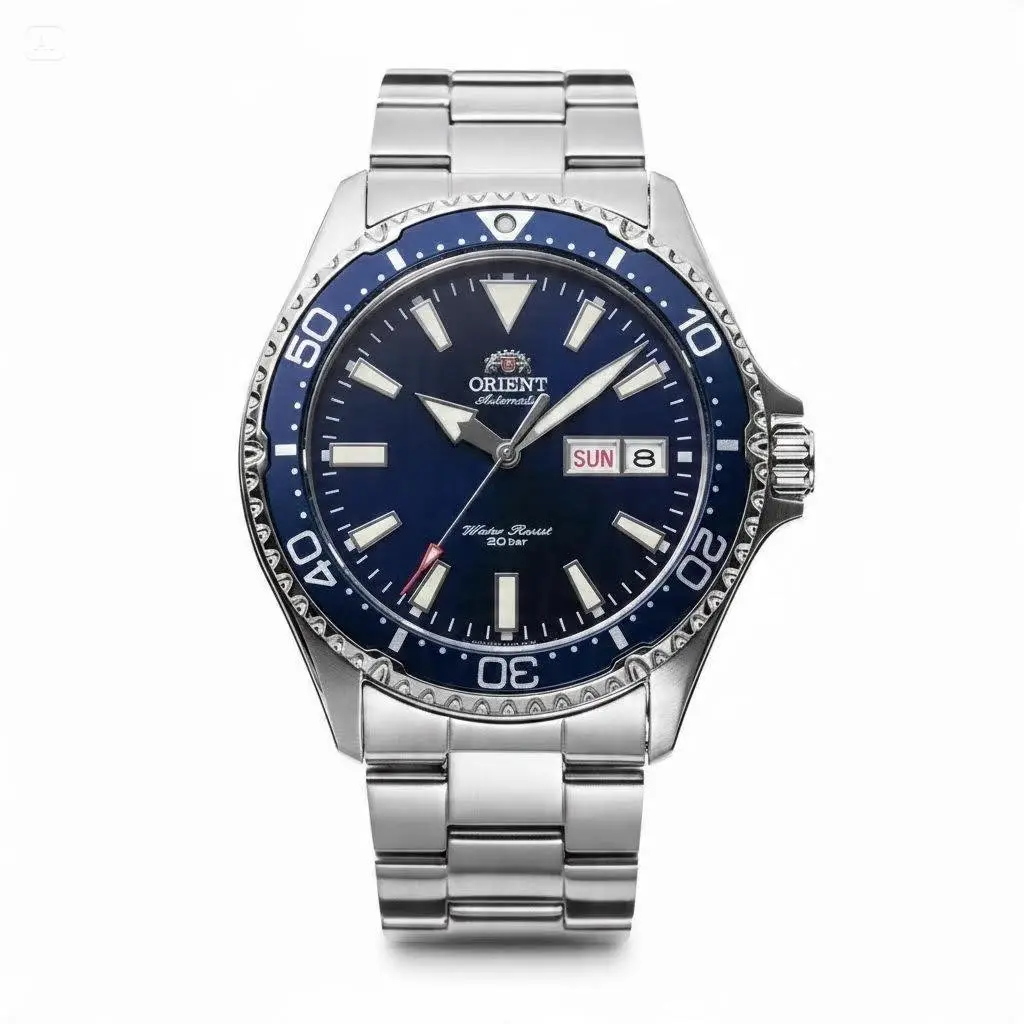 Orient Men’s Automatic Diving Mechanical Wrist Watch - Monotone Blue Rotating Bezel, Deep Navy Luminous Dial, Day-Date Dual Calendar, 20-Bar Waterproof, Stainless Steel Bracelet, Ideal Self-Winding Gift for Him