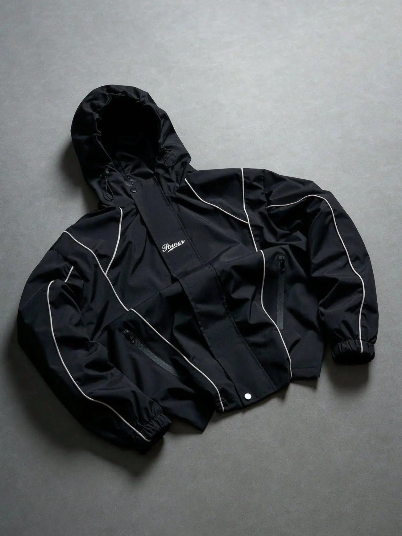 Men's Black Streetwear Hooded Zip-Up Jacket - Menswear with Embroidered Logo, Lightweight Windbreaker, Urban Casual Sports Coat with Pockets, Techwear for Spring/Fall Daily Wear (Street Style, Urban Street Edge), Tops, Stylish, Jackets Zip Up