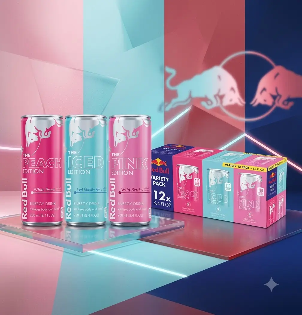 Red Bull Energy Drink Variety Pack, White Peach, Iced Vanilla Berry & Wild Berries, 80mg Caffeine, 8.4 Fl Oz, 12 Pack