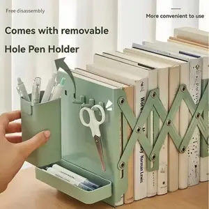 Sturdy Retractable Bookends with Pen Holder Hooks, 6pcs Foldable Space-Saving Desktop Storage Racks, Durable Metal Book Storage Racks, Stationary Organizer Holder, Desk Organizer Tidy