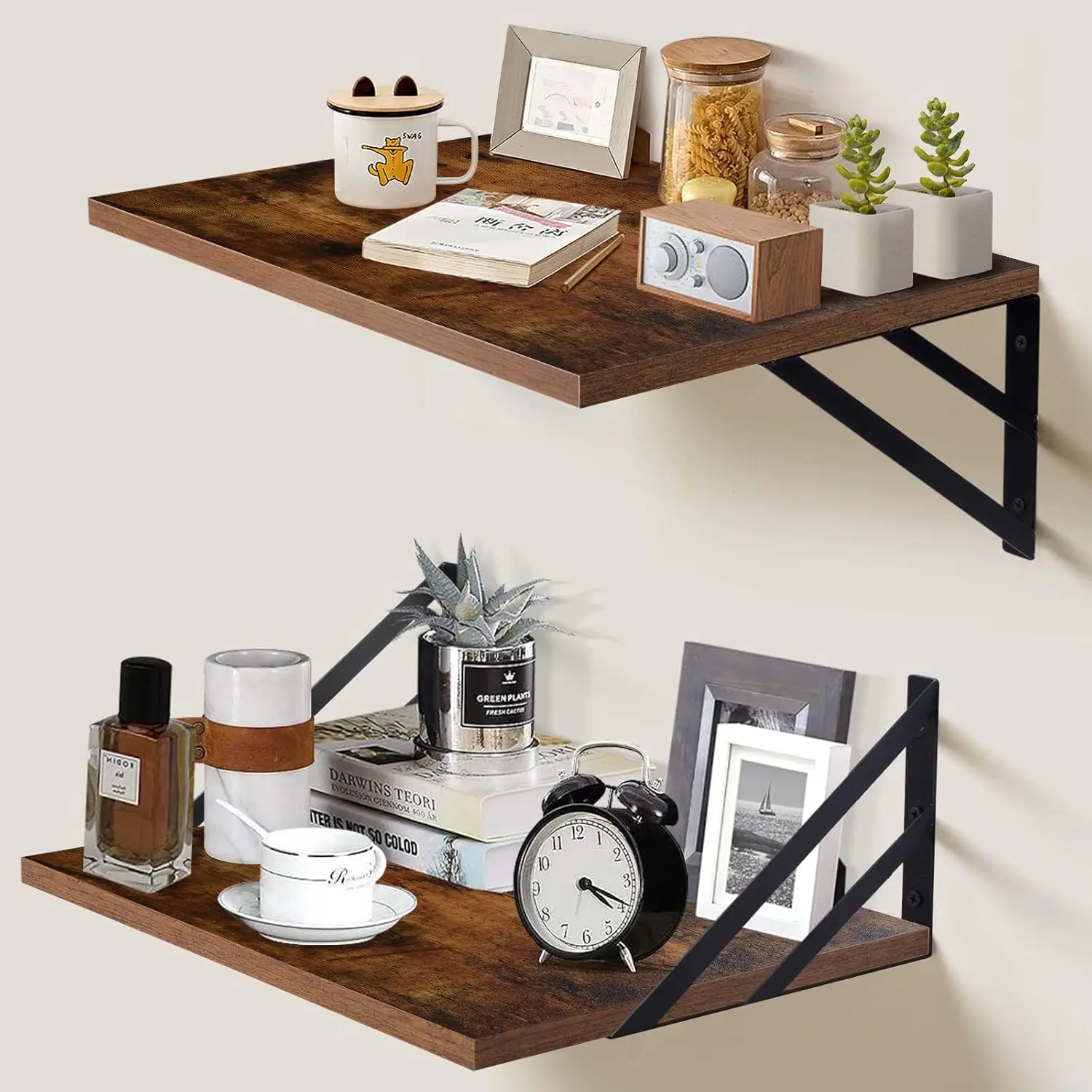 Decorative Household 2-Piece Farmhouse Wooden Deep Floating Shelf Set, Wall-Mounted Home Decor Storage & Display Units, 16inW*12inD Brown, 40lb Capacity for Living Room, Kitchen Space-Saving Needs