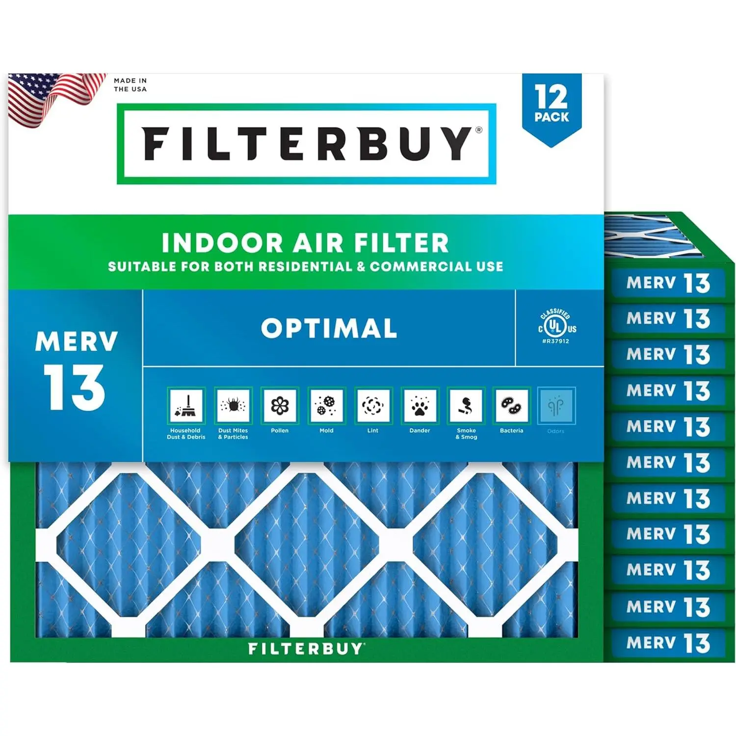 Filterbuy 12x12x1 Air Filter (12-Pack), Pleated MERV 13 Optimal Defense HVAC AC Furnace Air Filters (Actual Size: 11.75 x 11.75 x 0.75 Inches)