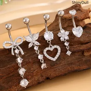 5PCS Navel Ring Set - Stainless Steel Belly Button Jewelry with Butterfly, Heart & Flower CZ for Women