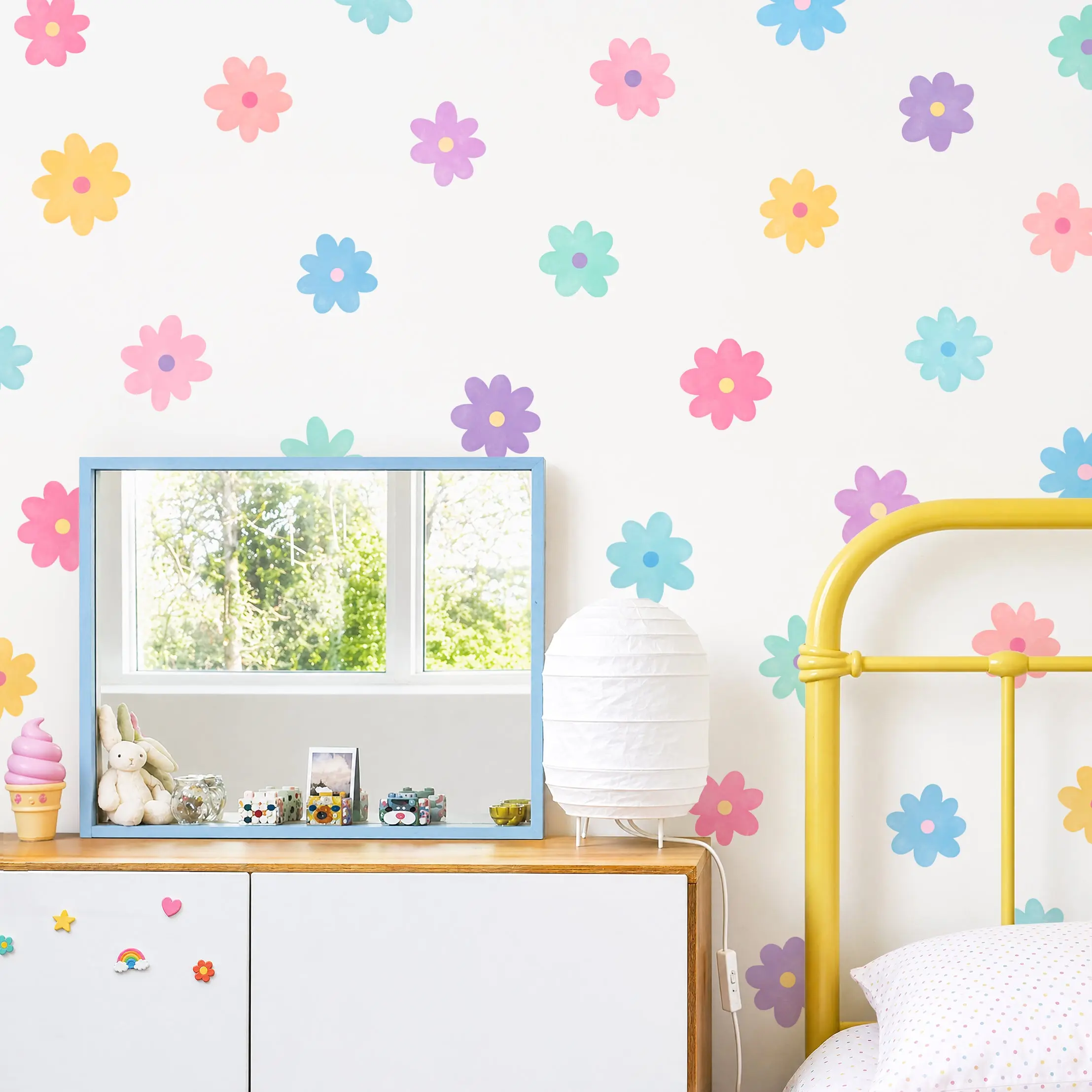 Bright Pastel Daisy Wall Decals - Removable & Reusable Fabric Wall Stickers, Easy Peel & Stick Application, Matte-Finish Renter-Friendly Flower Wall Decor