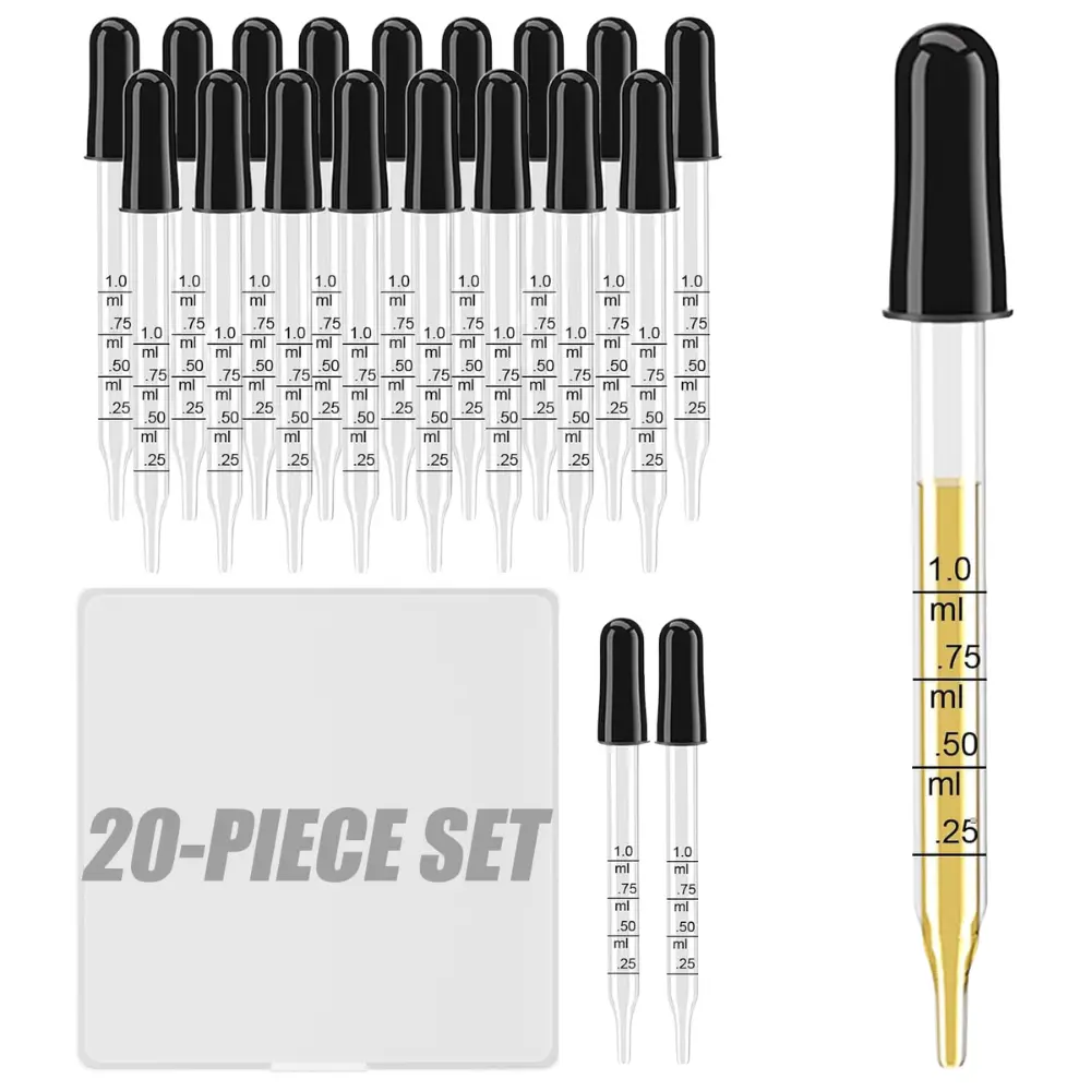 20 pcs glass graduated dropper set, 1ml liquid dropper, equipped with black rubber suction head, suitable for essential oil blending, laboratory transfer, and perfume subpackage