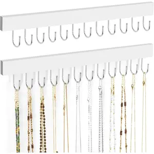 2 Pack Wall Mount Necklace Organizer, Wooden Jewelry Hanger Holder with 24 Hooks, Hanging Jewelry Organizer, White