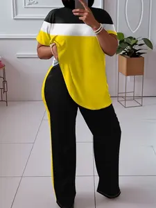 SummerVibes Women'S Large Size Color Block Casual Outfit - Comfortable Polyester Short Sleeve Top and Loose Wide Leg Pants Set, Machine Washable, Suitable for Fashion Casual Clothing, Plus Size Pants Women'S Plus Size Clothing Womenswear Trouser