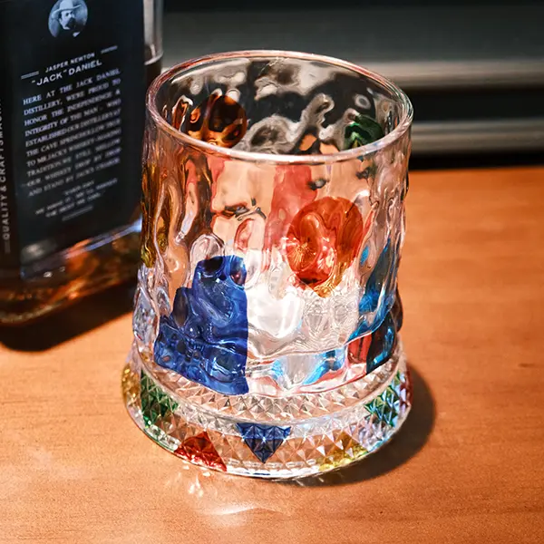Hand Painted Rotatable Crystal Whiskey Glass, Handmade Colorful Tree Texture Swirl Tumbler Cup 270ml, Spinning Heavy Base Cocktail Drinking Glass for Bar Home Decor Gift star-cut stress relief whiskey