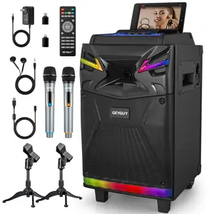 Bluetooth Karaoke Machine with Live Streaming Function,10 inch Subwoofer Portable PA System with 2 Wireless Microphones,as Projector Speaker with Sound Effect/DJ Lights/FM/Digital Recording