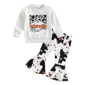 Western Baby Girl Clothes Toddler Kids Long Sleeve Sweatshirt Pullovers Tops Cow Print Bell-Bottoms Flared Pants Fall Winter Outfits