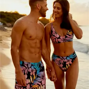 His Hers Matching Couples Swimsuit Set, Bikini + Swim Trunks - Ombre Hibiscus Floral