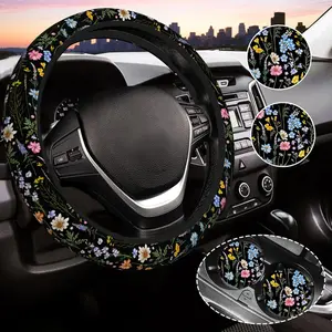 Cute Wildflower Steering Wheel Cover for Women, Universal Auto Steering Wheel 14-15 Inch Car Interior Accessories with 2PCS Car Coasters, Suitable for Men and Women
