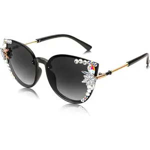 EyeconicFinds Women Diamond Sunglasses Cat Eye Oversized Gradient Lens Sparkling Vintage Sunglasses B2964 Beads Frames