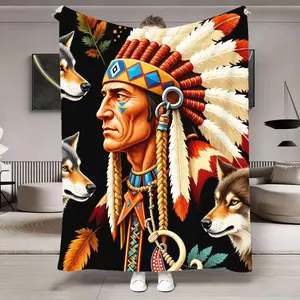 Vibrant Native American Chief Pattern Blanket - Featuring a stylized image of a chief adorned with tribal painted patterns, this decorative blanket complements comfortable interior decor and is perfect for holidays, camping, and naps.