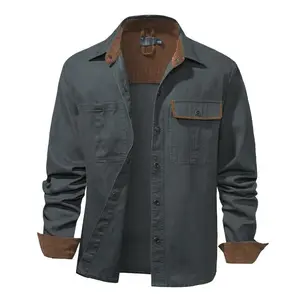 Zaitun Men’s Washed Cotton Long-Sleeve Work Shirt, Two-Pocket, Solid Color, Snap-Button Front, Corduroy Twill