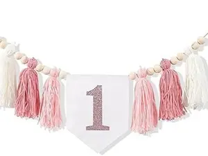 Handmade Boho 1st Birthday High Chair Banner, Pink First Birthday Tassel Banner Girl One High Chair Banner One Birthday Party Supplies Photo Backdrop Wall Hangings Decorative (Pink)