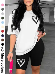 Women's Heart Print Drop Shoulder Tee & Elastic Waist Shorts, Casual Fashion Cozy Half Sleeve T-shirt & Skinny Shorts for Daily Outdoor Wear, Women Clothing for Summer