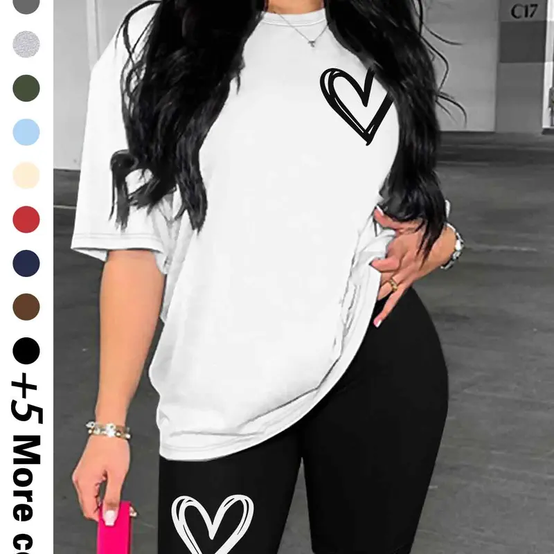 Women's Heart Print Drop Shoulder Tee & Elastic Waist Shorts, Casual Fashion Cozy Half Sleeve T-shirt & Skinny Shorts for Daily Outdoor Wear, Women Clothing for Summer
