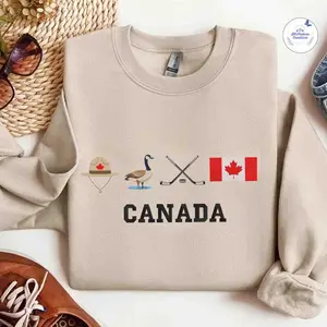 Canada Embroidered Icons Embroidery Sweatshirt, Country Icon Embroidery Crewneck Tee, Symbol Shirts