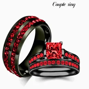 Romantic red Cubic Zirconia fashion couple rings, set of 2 for women or 1 for men, suitable for daily wear, engagement, wedding, jewelry accessories