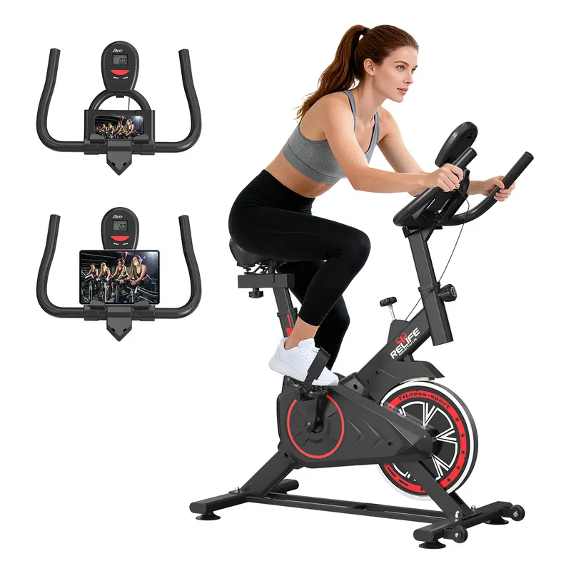 Relife Stationary Exercise Bike Fully Adjustable Indoor Cycling Bike with Comfortable Seat, Silent Belt Drive, LCD Monitor, and 330LBS Capacity for Home Cardio Workouts