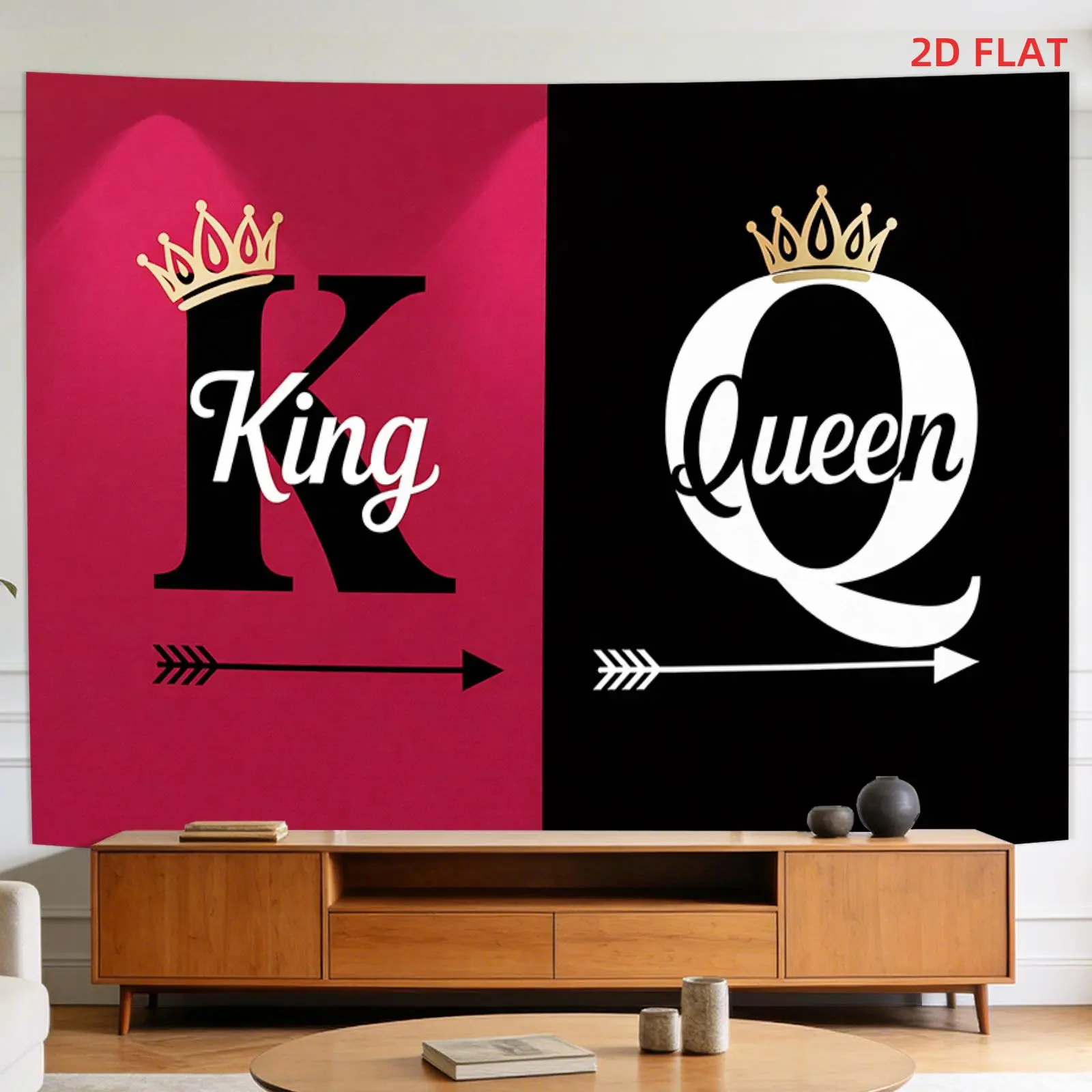 2D Flat, [2D Plane Printing] 1 Large Size/small Size Pattern Printed Tapestry- King, Queen, Crowns, Arrow, Black And Red, Room Wall Decoration, Non-luminous, Suitable for, Living Room, Meditation, Office, Party Decoration, Photo, Mat, Peach, Cloth