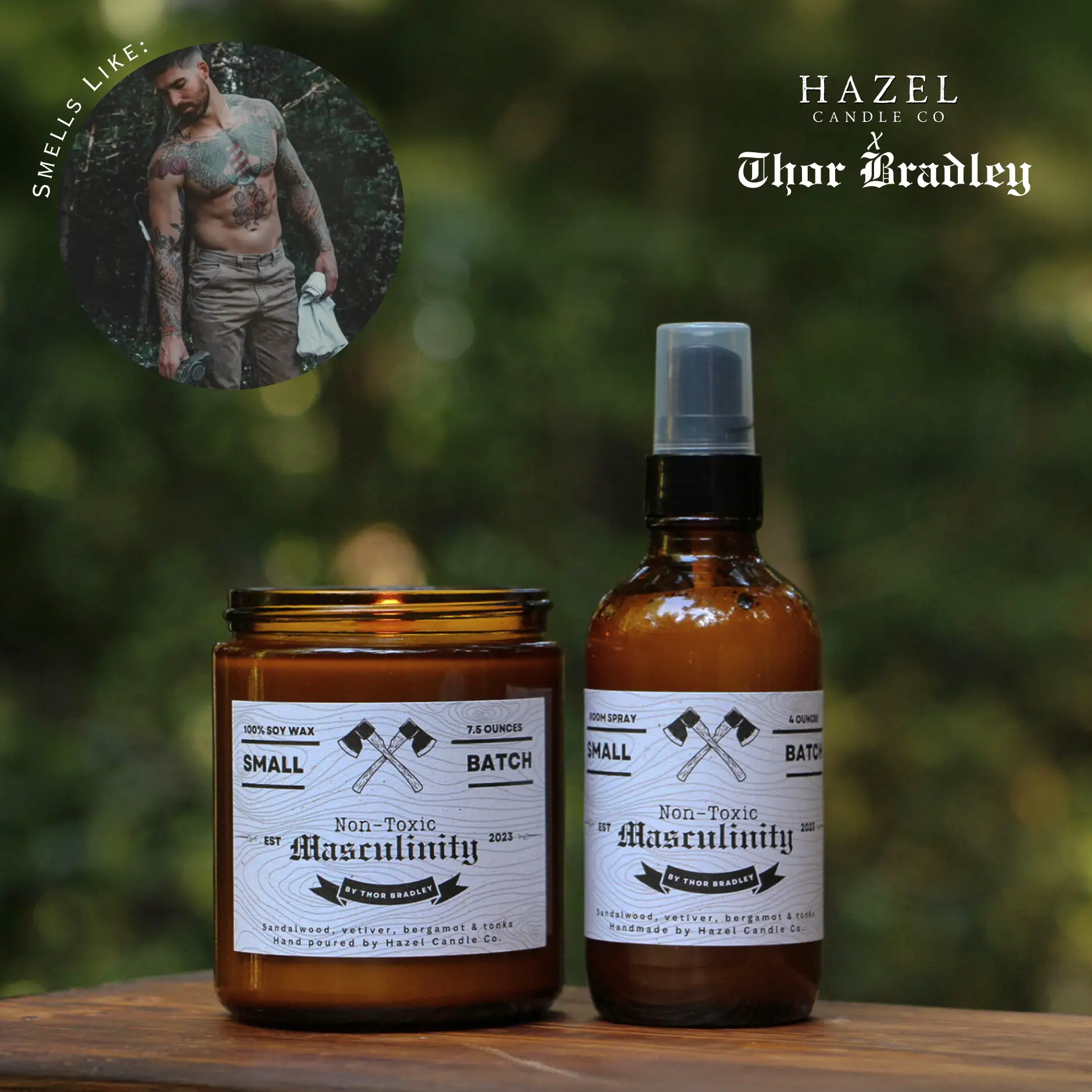 Non-Toxic Masculinity by Thor Bradley Scented Candle & Room Spray - Sandalwood, Vetiver, Bergamot & Tonka Fragrance natural soy Linen Oil