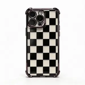 Black checkered four-corner drop-proof TPU phone case for iPhone Samsung Galaxy 17 Air 16Pro Max 15 14Plus 13 12 11 XR XS S25 S24 S23  Simple and stylish camera protection Shockproof Anti-Drop Shockproof Drop Protection Durable Phone Case